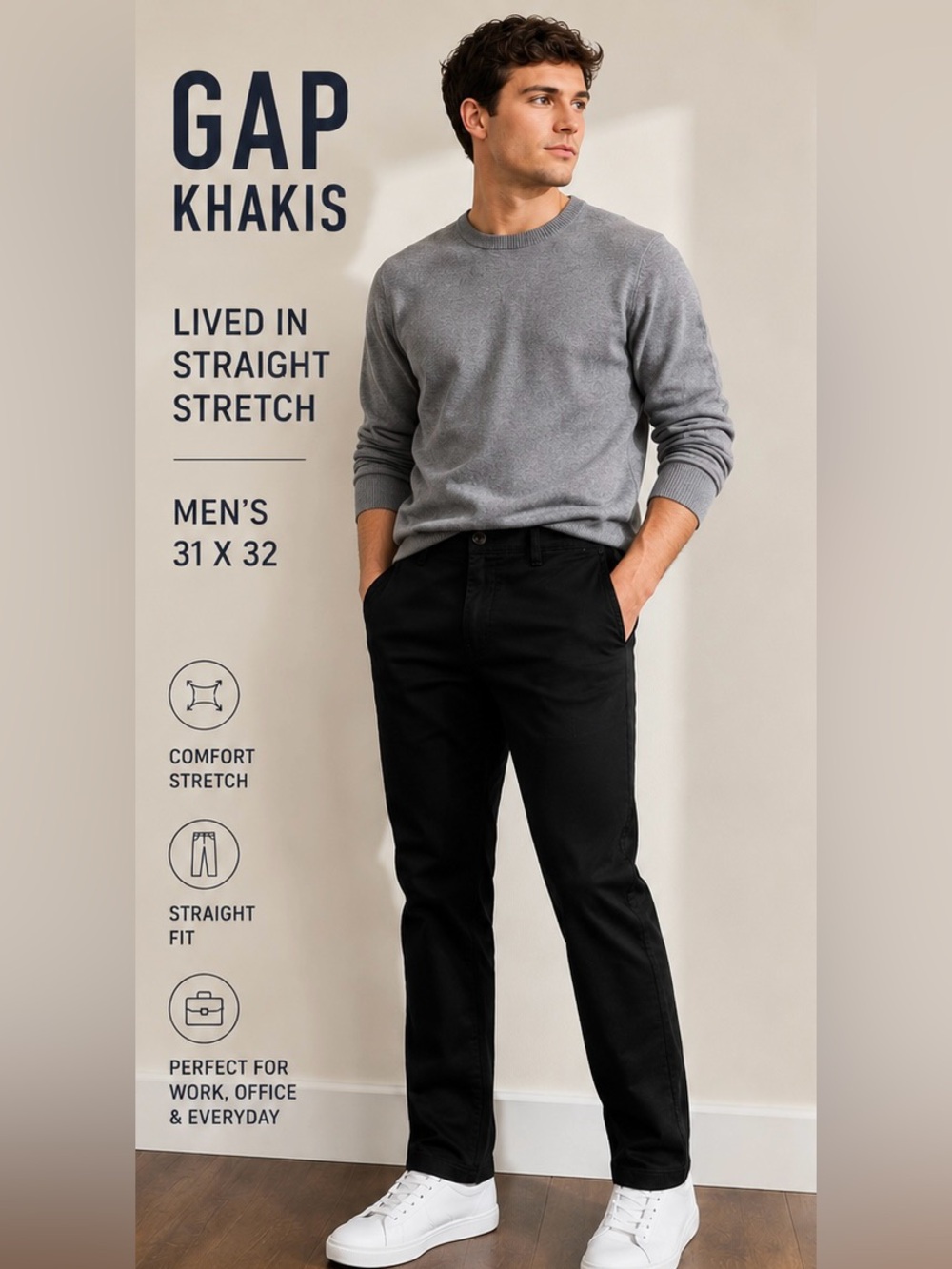 NWT Gap Khakis Lived In Straight Stretch Black Chino Pants Men’s 31x32